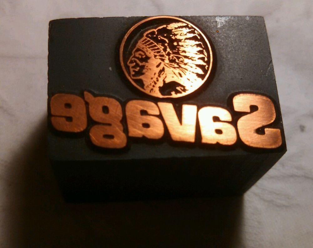 Savage Indian Logo - SAVAGE LOGO INDIAN HEADRESS Print Block Wood Copper 1L. 3 4w. 3 4