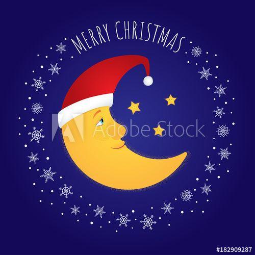 Red Square Inside Red Circle Logo - Vector Merry Christmas greeting card. Half moon in a red Santa hat