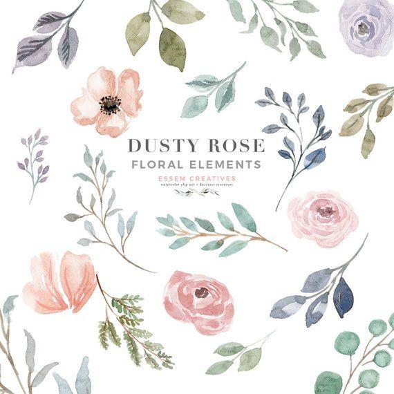 Rustic WR Free Flower Logo - Dusty Rose Watercolor Flowers Clipart, Vintage Floral Clipart ...