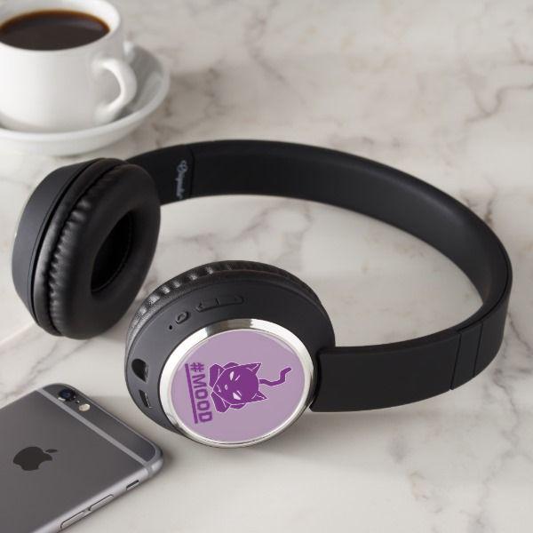 Cat with Headphones Logo - MOOD Cat Purple Headphones Custom Brandable Electronics Gifts