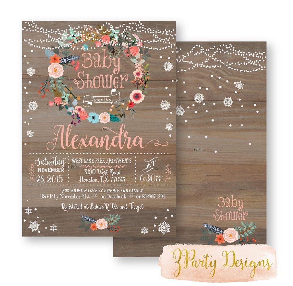 Rustic WR Free Flower Logo - Vintage Wood Baby Shower Invitation Floral wreath Baby Shower Invite