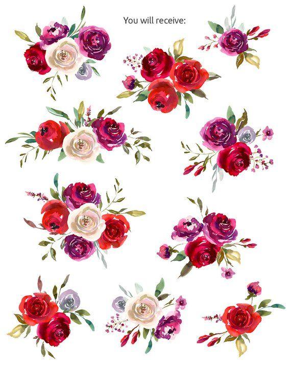 Rustic WR Free Flower Logo - Watercolor Bouquets Clipart Floral Red Ruby Violet White Roses ...