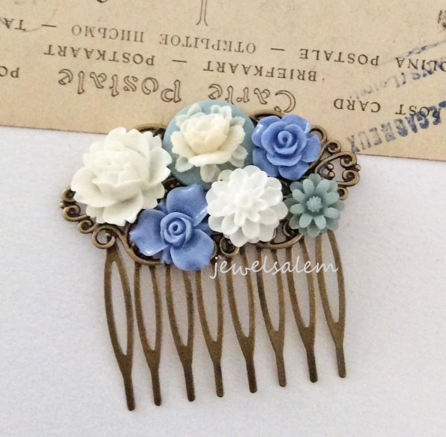 Rustic WR Free Flower Logo - Blue Wedding Hair Comb Periwinkle Cornflower Blue White Flowers ...