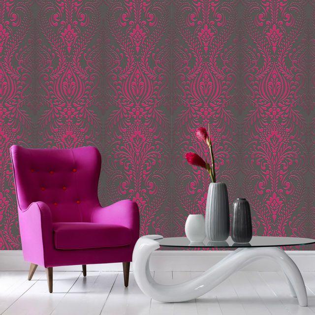 Subtle Glitter Logo - Superfresco Glamour Damask Print Subtle Glitter Black Pink Wallpaper