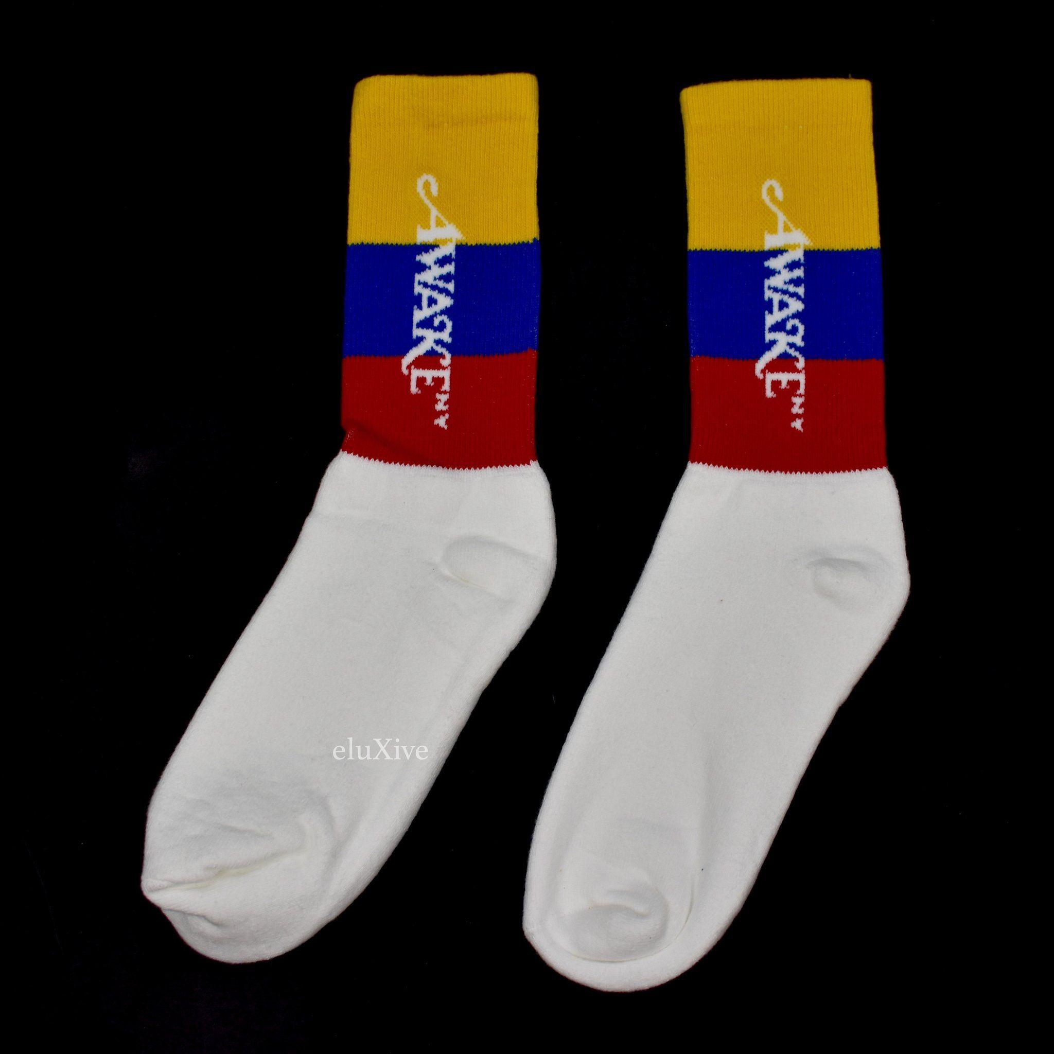 Blue and Yellow Stripe Logo - Awake NY - Red / Blue / Yellow Stripe Logo Knit Crew Socks – eluXive