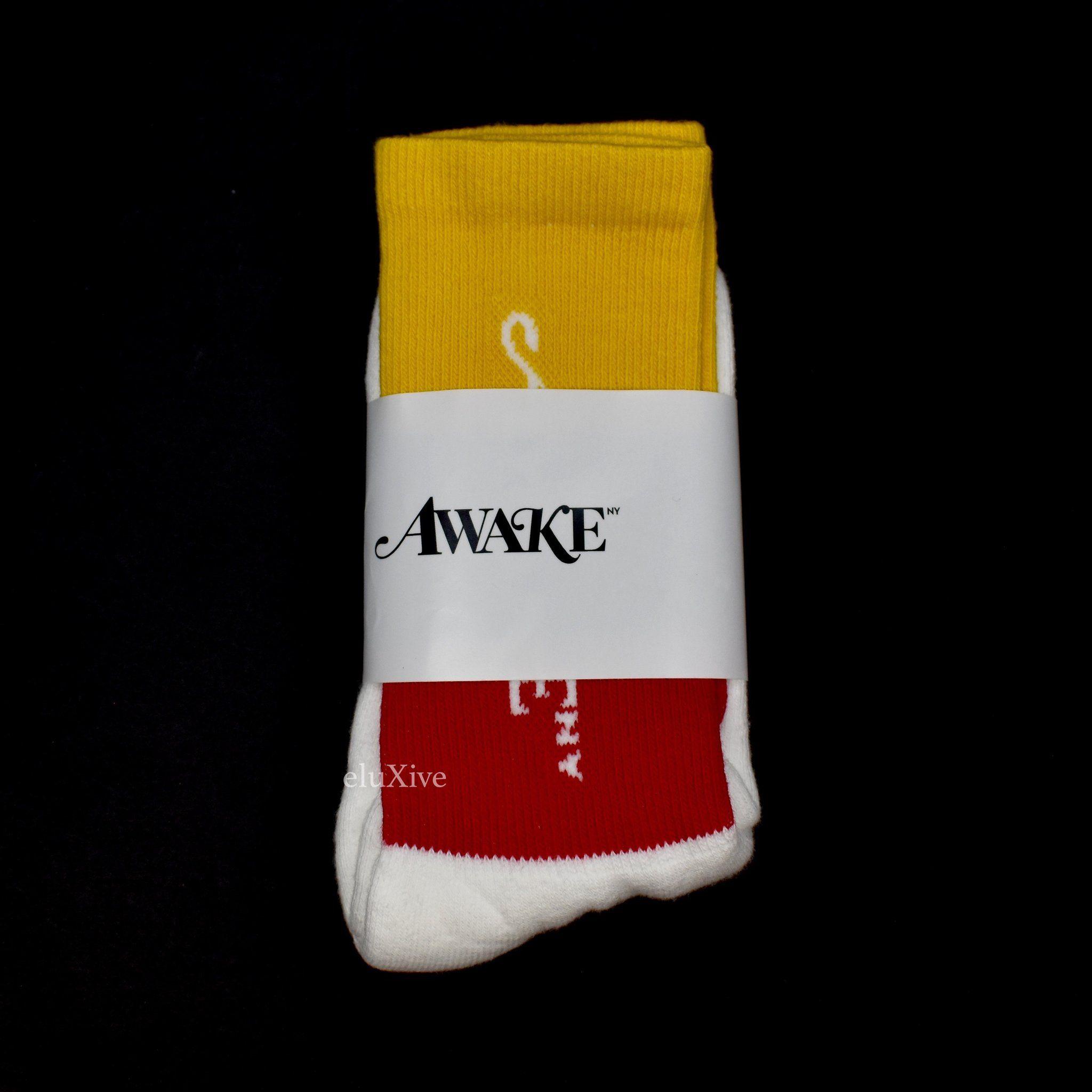 Blue and Yellow Stripe Logo - Awake NY - Red / Blue / Yellow Stripe Logo Knit Crew Socks – eluXive