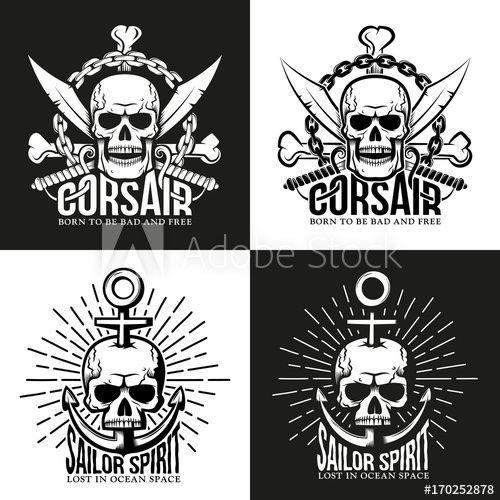 Crossed Bones Logo - Retro pirate tattoo, emblem with skull, crossed bones, sabers and ...