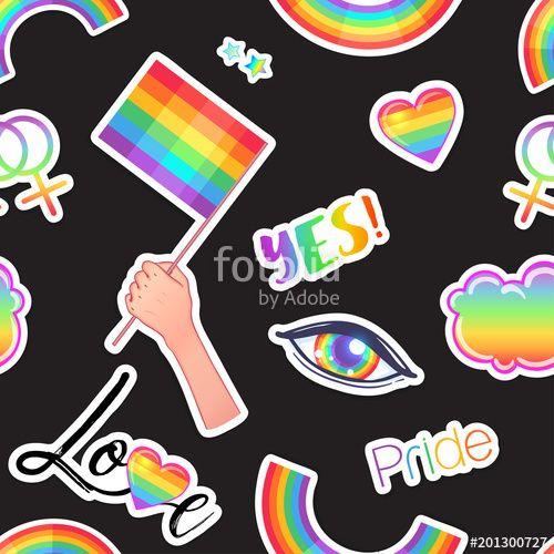 Rainbow Pattern Logo - LGBT logo symbols stickers seamless pattern. Flags, hearts. Badges