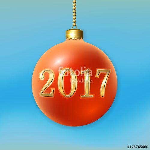 Light Blue Orange Red Sphere Logo - Merry Christmas 3D bauble, decoration with gold 2017 number. Orange
