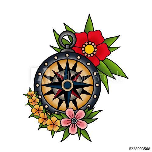 Red White and Yellow Flower Logo - Compass and flowers, old school tattoo style. Red pink and yellow