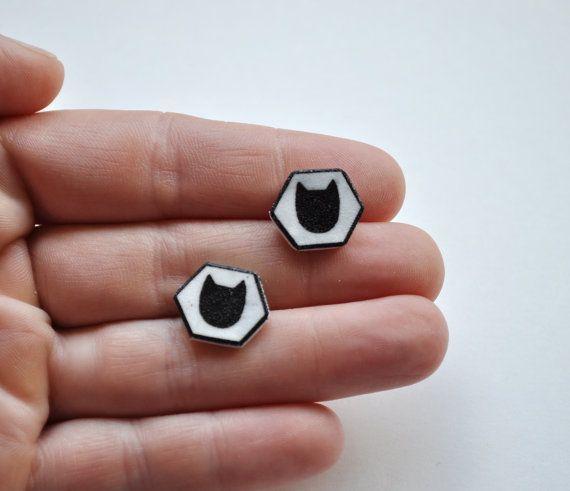 Red Hexagon with Two White Triangles Logo - Hexagon Cat Black and White Earrings Two Different by yayhooray ...