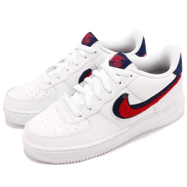 Red White and Blue Nike Logo - Nike Air Force 1 LV8 GS AF1 Chenille Swoosh White Red Blue Kid Women ...