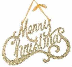 Christmas Glitter Logo - Merry Christmas Glitter Gold Hanging Festive Sign with Ribbon 81