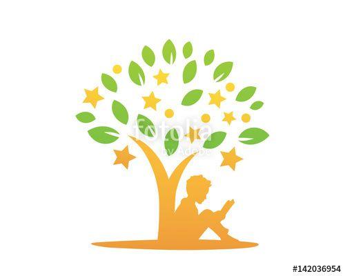 Tree Reading Logo - Modern Book Lover Logo - Children Reading Under The Tree