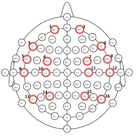 10 Red Circles Logo - Montage of 16 EEG electrodes (marked with thick red circles) based