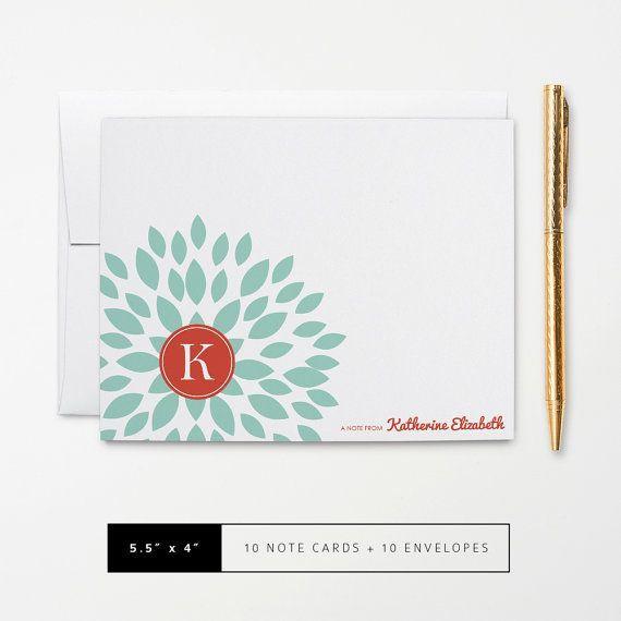 10 Red Circles Logo - Flat or Folded Note Cards // Set of 10 // Teal Blooming Blossom with ...