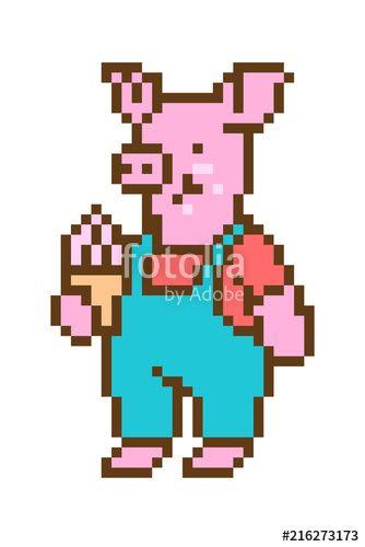 Google Funny Childish Logo - Pixel art pig eating ice cream cone, cartoon character isolated