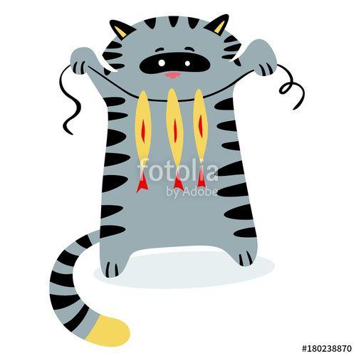 Google Funny Childish Logo - Cute funny cartoon cat with fishes. Feline childish character Stock