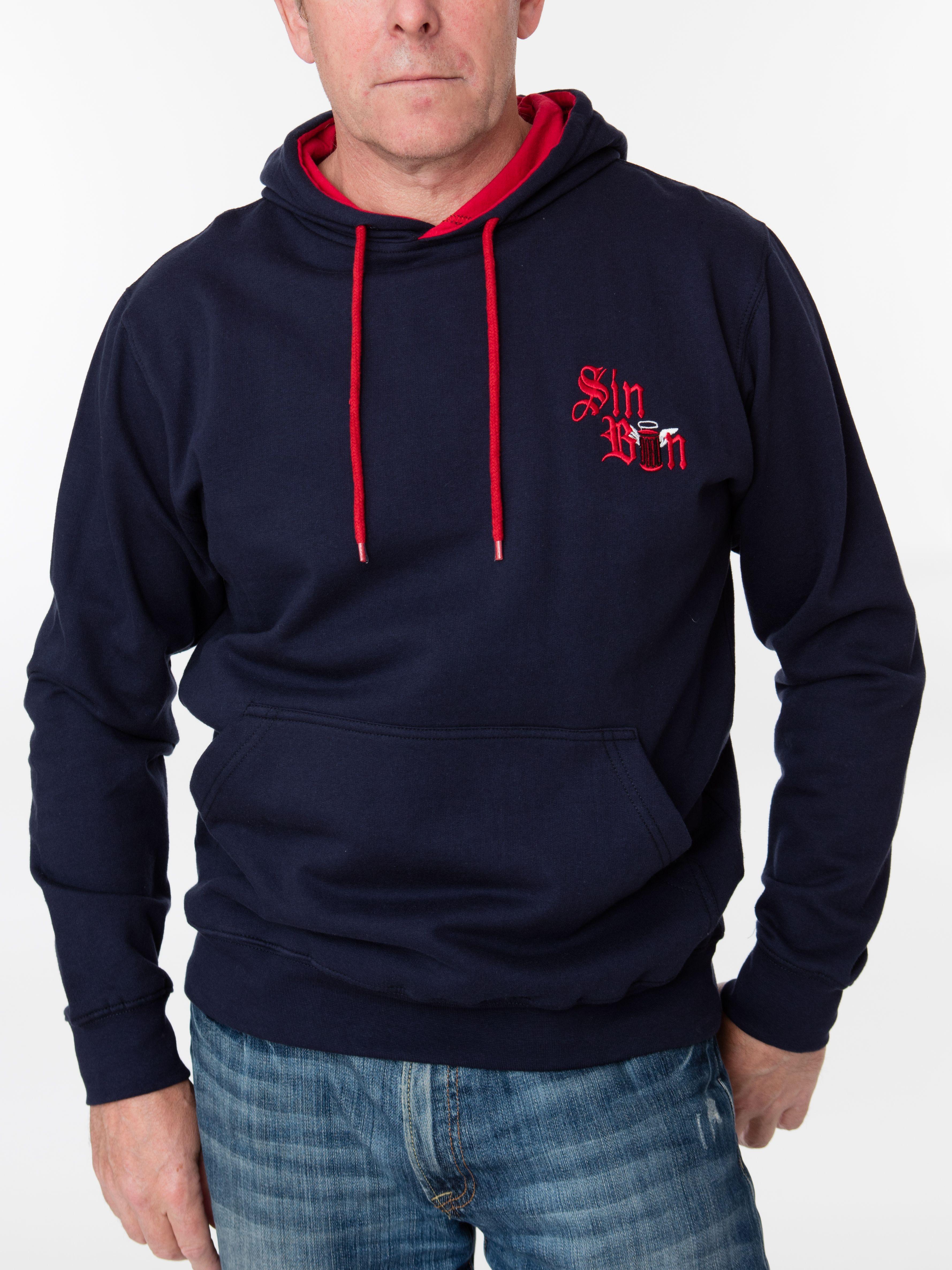 Red Clothing and Apparel Logo - Sin Bin Hooded Sweatshirt in Navy Blue with Red Logo and Detail
