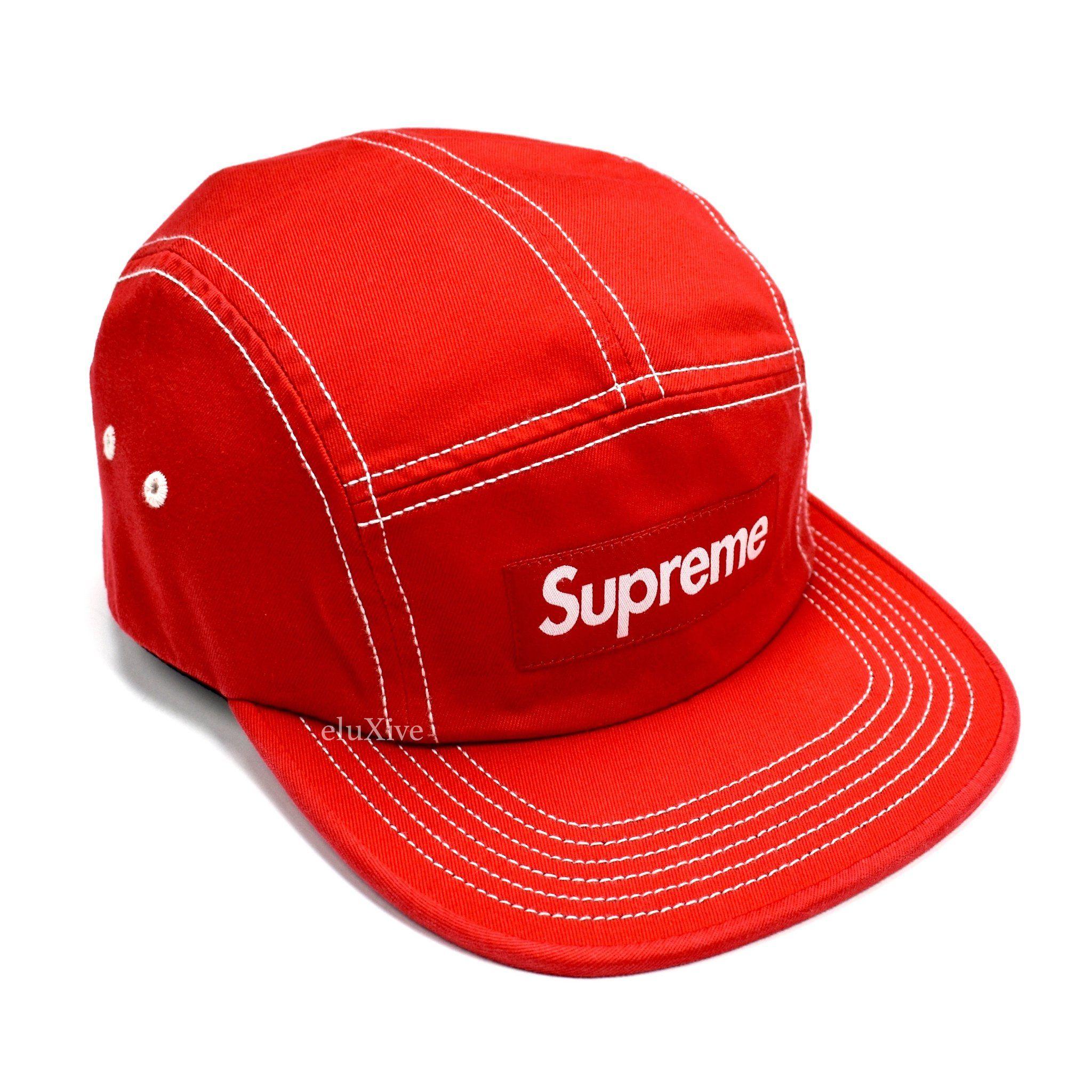White and Red Box Logo - Supreme - SS18 Red Box Logo White Contrast Stitch Camp Cap Hat – eluXive