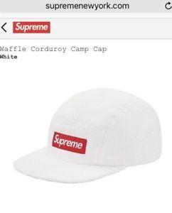White and Red Box Logo - Supreme Waffle Corduroy Camp Hat White with Red BOX LOGO New 100