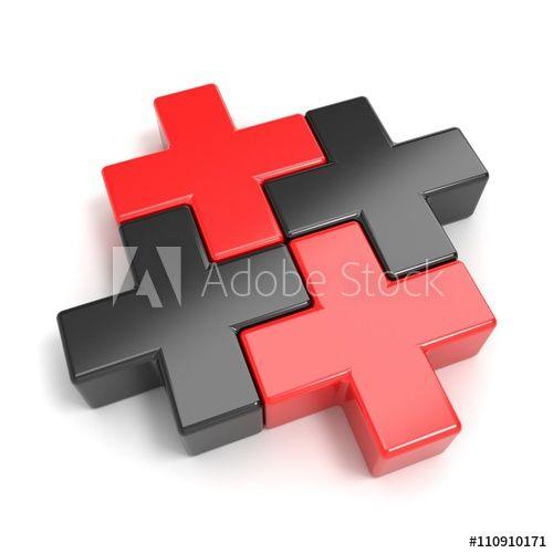 Plus White On Red Background Logo - Black and red abstract plus jigsaw puzzle pieces. 3D render ...