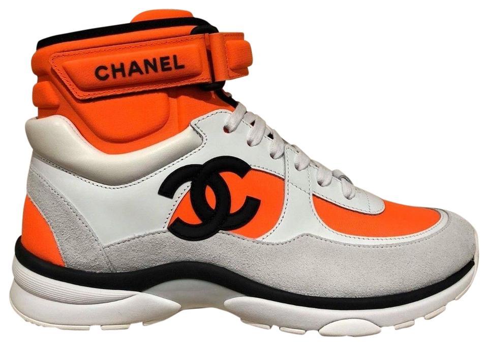 Orange and White B Logo - Chanel Orange 18p White Neoprene Cc Logo Lace Up Tie Flat Trainer