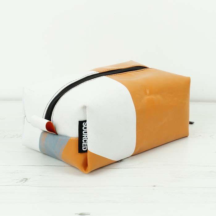 Orange and White B Logo - Upcycled Orange & White Lorry Tarpaulin Washbag. Recycled Tarpaulin Bag