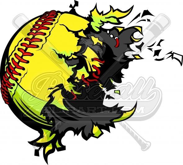 Cool Softball Logo - Exploding Softball Clipart. Destroyed Softball ball vector image.