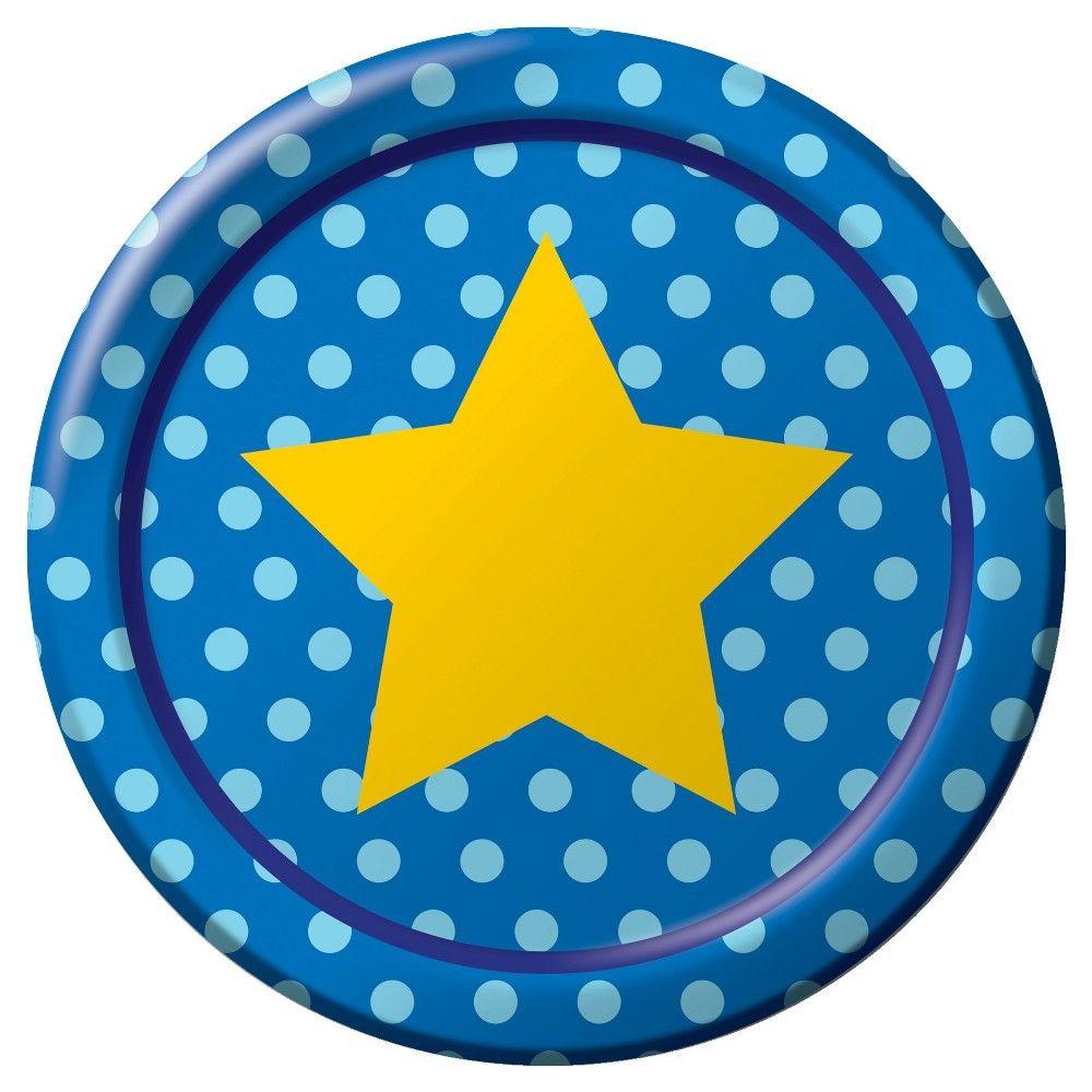 Yellow Dots with Blue Star Logo - Spritz Lunch Plate Yellow Star on Blue Polka Dot 10 Count,. Party