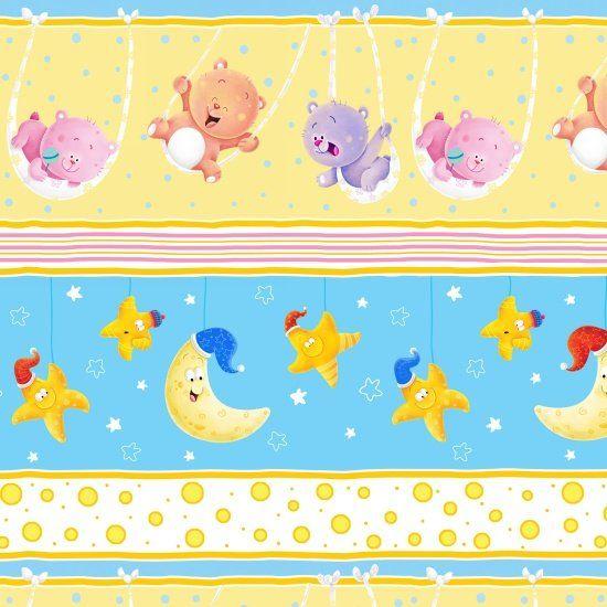 Yellow Dots with Blue Star Logo - 1202-41F Large Stripe Stripe of bears swinging, hanging moon and ...