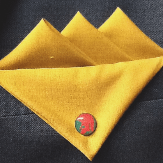 Three-Point Red Triangle Logo - Yellow Gold Three Point Pocket Hankie with Red and Green Trojan Pin