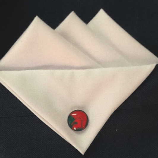 Three-Point Red Triangle Logo - White Three Point Pocket Hankie with Red and Green Trojan Pin