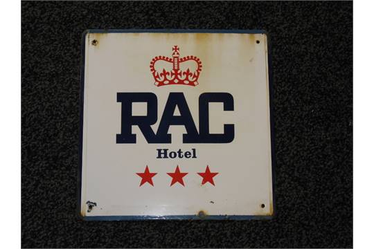 Red with White Letters RAC Logo - RAC Hotel enamel sign of blue letters, red crown and three stars on ...