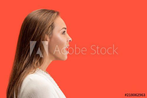 Woman Profile Red Logo - Wow. Beautiful female half-length profile portrait isolated on red ...