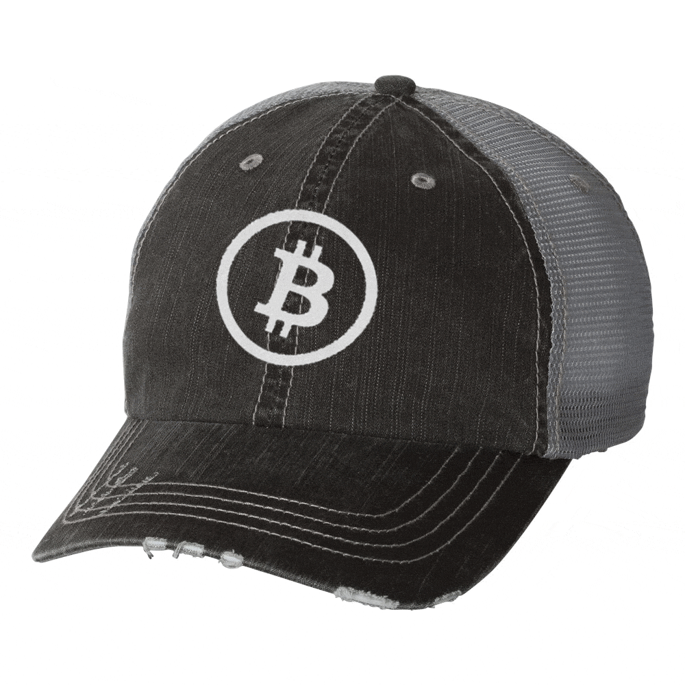 Black Bitcoin Logo - Bitcoin Logo Embroidered Distressed Trucker Cap • Bitcoin Shirt