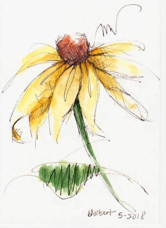 Flower with Yellow Cloud Logo - Yellow Cone Flower Brown Center Original Watercolor Art #painting ...