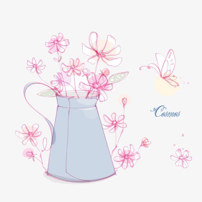 Pink Flower with Blue Line Logo - Blue Vase, Hand, Pink Flowers, Butterfly PNG Image and Clipart for ...