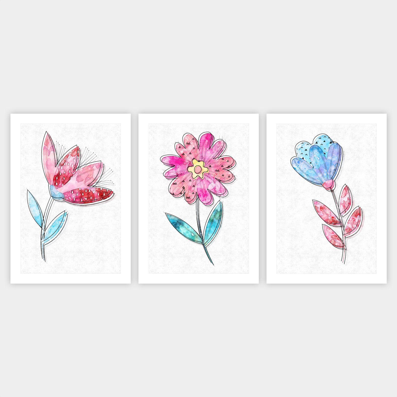 Pink Flower with Blue Line Logo - Set of 3 Single Flower Line Art Prints, Watercolour Mixed Media Art