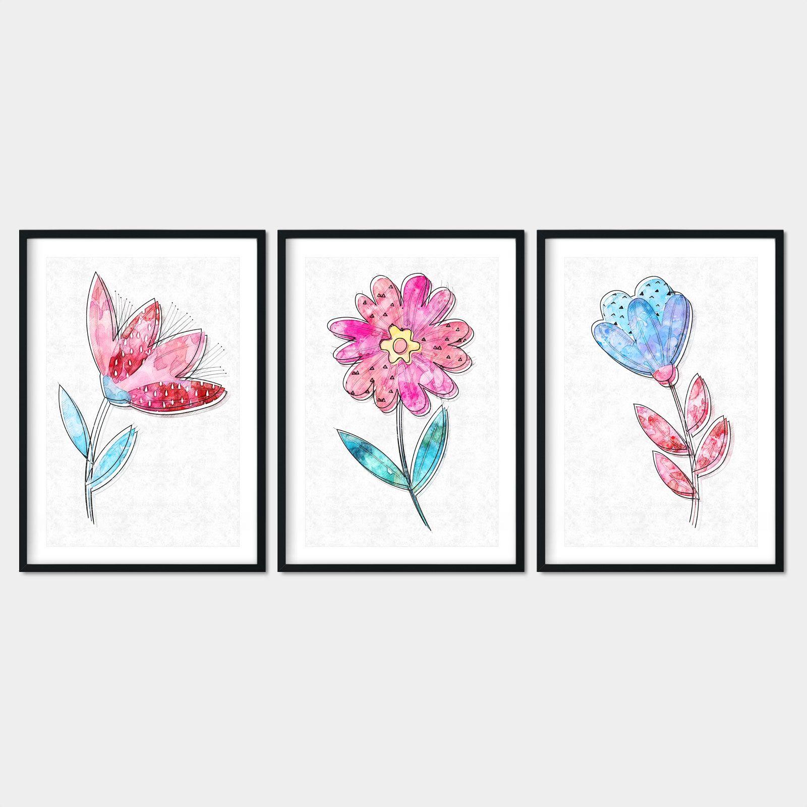 Pink Flower with Blue Line Logo - Set of 3 Single Flower Line Art Prints, Watercolour Mixed Media Art