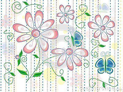 Pink Flower with Blue Line Logo - Texture with spring pink flowers and blue butterflies on a white
