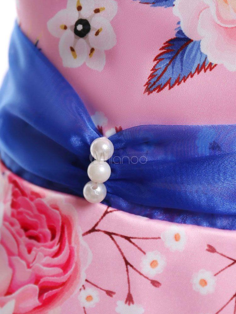 Pink Flower with Blue Line Logo - Pink Flower Girl Dress Floral Print Sleeveless A Line Knee Length ...