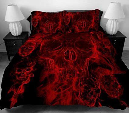 Black and Red Skull Logo - YSJ 3 PCS Duvet Cover Set With Zipper Closure, Ties Black