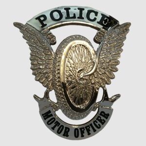 Motor Officer Logo - Police Wheel SILVER Bannered Helmet Badge BLACK Font. Pursuit