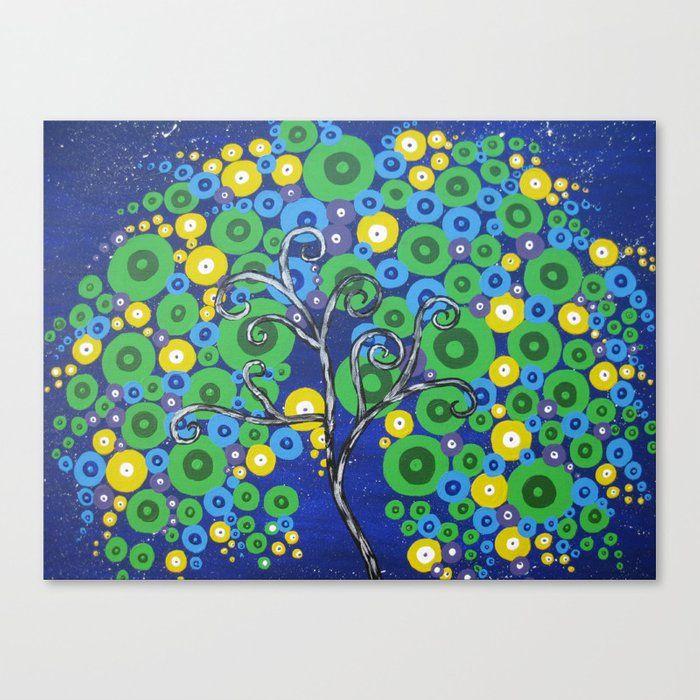 Yellow Tree in Circle Logo - tree in blue, green, yellow circles- bright vibrant tree painting