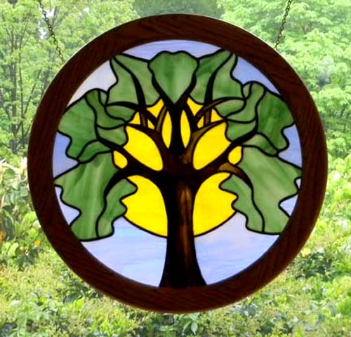Yellow Tree in Circle Logo - Circle Tree Panel with a Bright Yellow Sun and Blue Sky in an Oak Frame