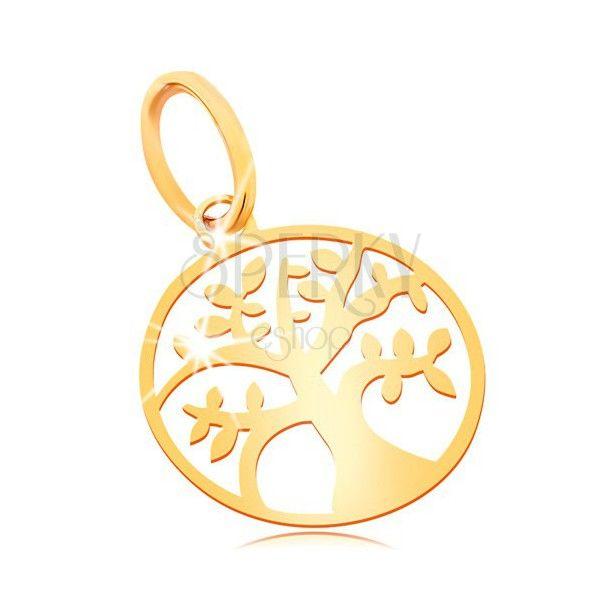 Yellow Tree in Circle Logo - Pendant made of yellow 585 gold shiny flat tree of life
