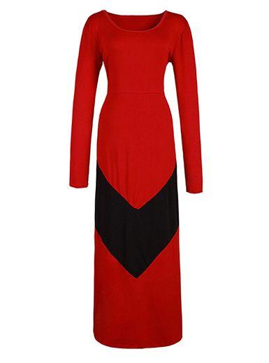 Rounded Red Triangle Logo - Maxi Dress - Red / Triangle Pattern / Rounded Neckline