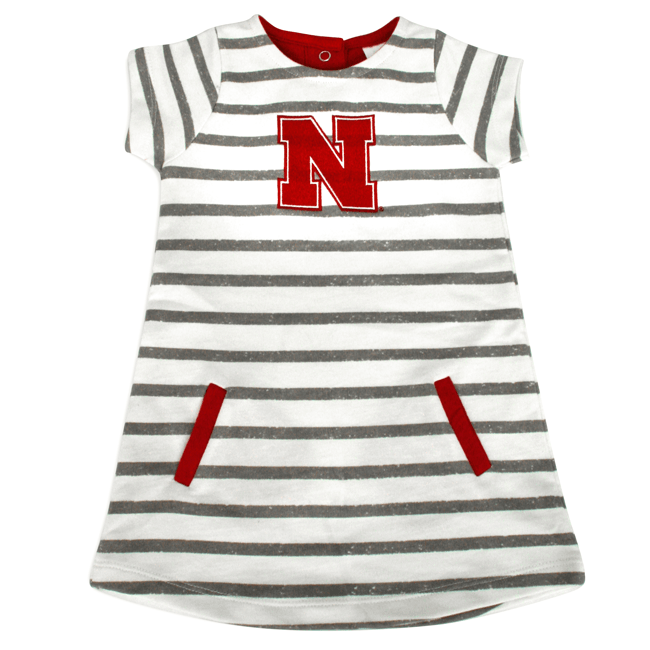 Stripe Red N Logo - Nebraska Red Zone®. Toddler Girls Cream Stripe Dress with Red N Logo