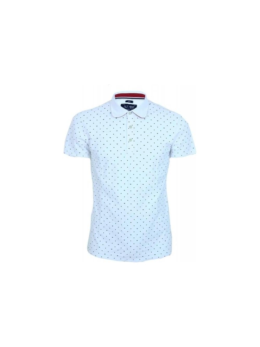 White and Blue Dot Logo - Armani Jean Dot Logo Slim Fit Polo in White